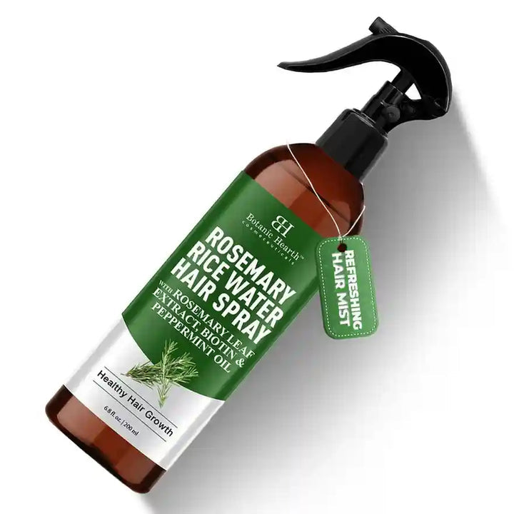 Rosemary rice water hair spray green botanical label close-up